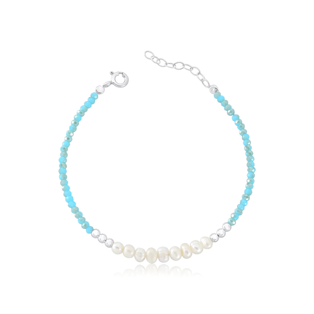 Pulsera de plata con cristales azules y perlas, 20cm.