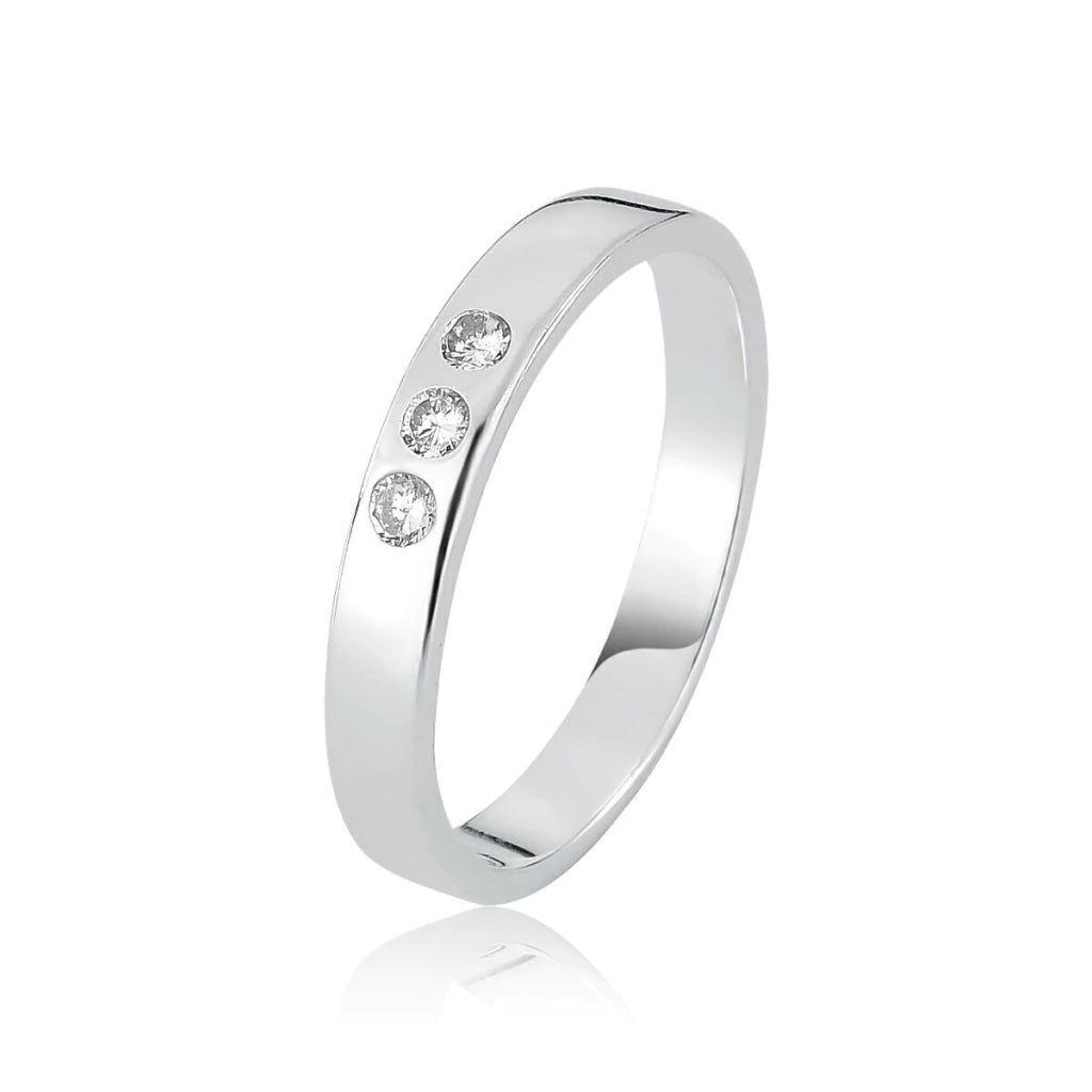 Anillo de plata de ley 925 con banda lisa y tres circonitas blancas + caja