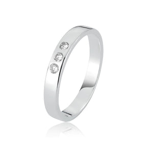 Anillo de plata de ley 925 con banda lisa y tres circonitas blancas + caja