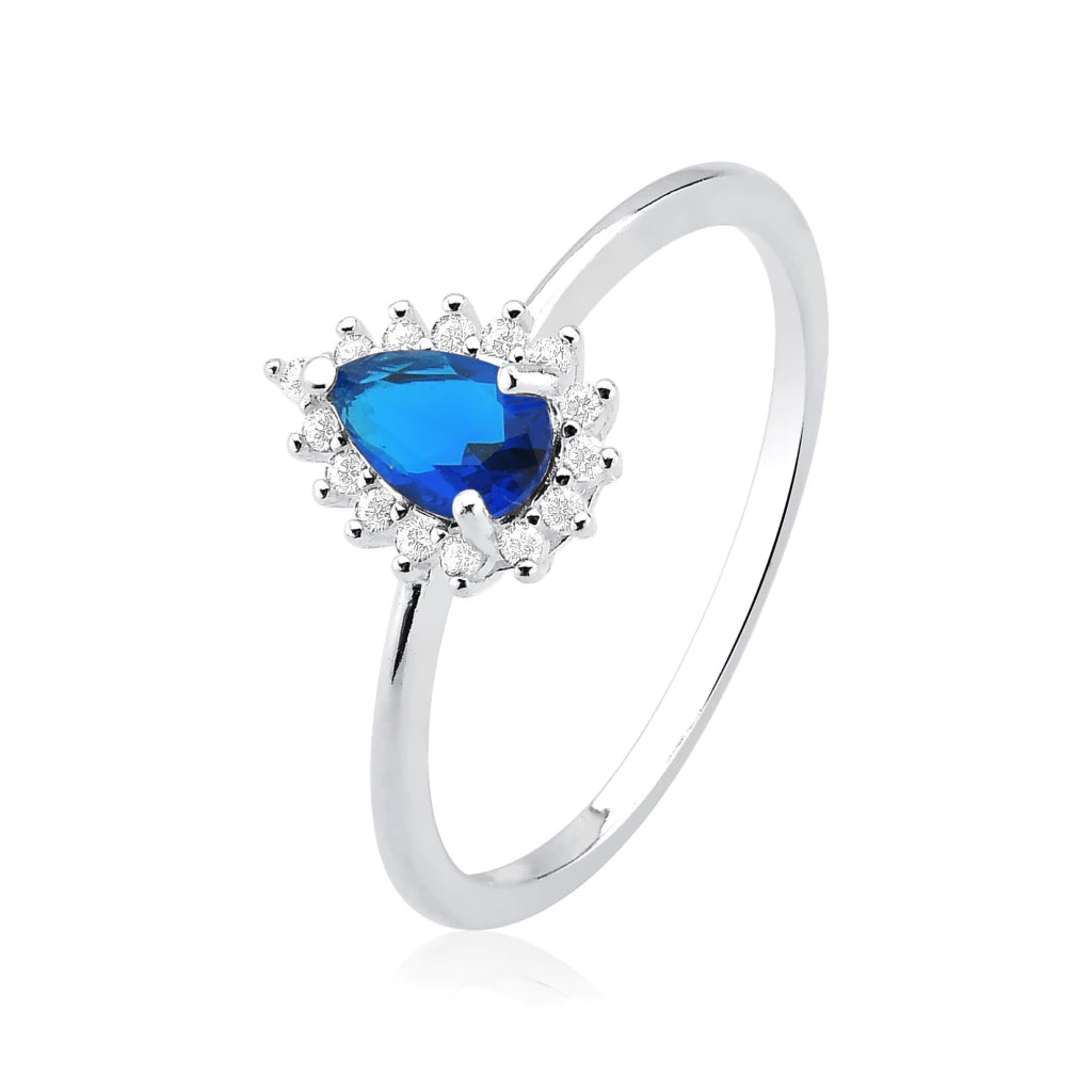 Anillo de plata con forma de lágrima azul oscuro y engaste pavé
