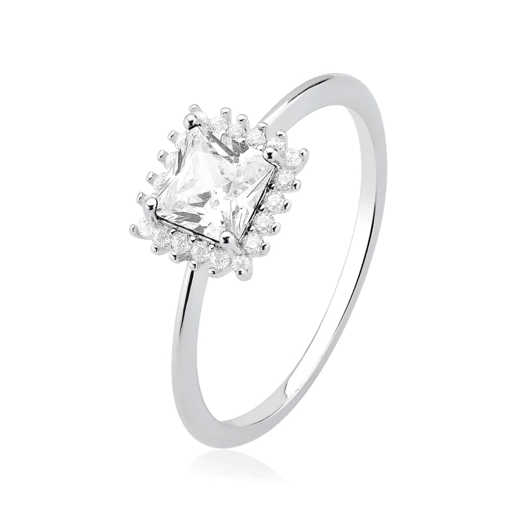 Anillo de plata con engaste de piedra de circonita cúbica cuadrada blanca