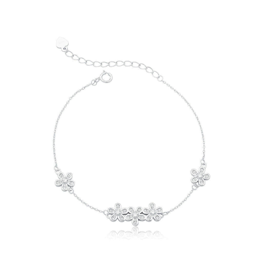 Pulsera de plata con cinco flores pavimentadas, 21 cm