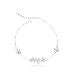 Pulsera de plata con cinco flores pavimentadas, 21 cm