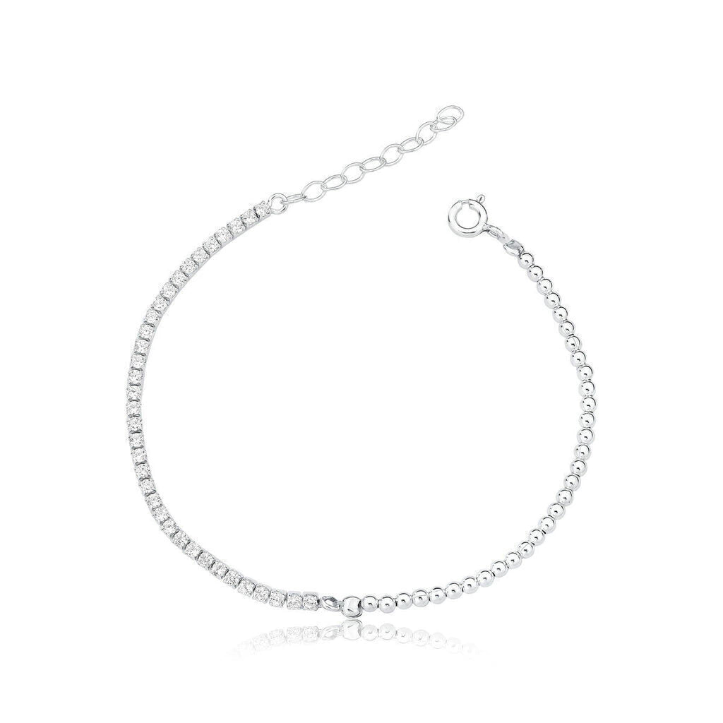 Pulsera Riviera de Plata con Circonitas Blancas y Cuentas, 18cm