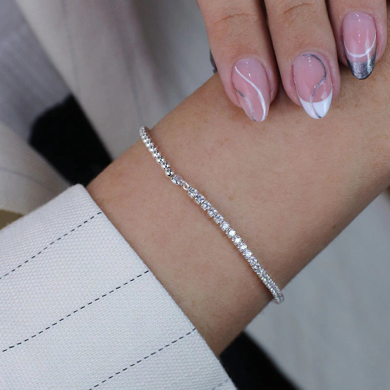 Pulsera Riviera de Plata con Circonitas Blancas y Cuentas, 18cm